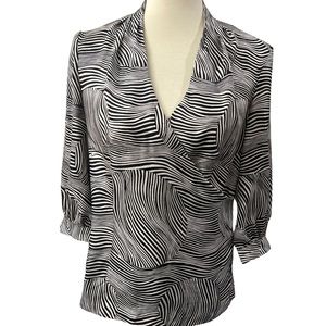 Trina Turk silk blouse top black white abstract small v neck